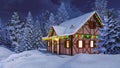 Rustic house decorated for Xmas at winter night 3D