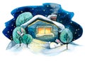A rustic house in the snow with trees and cute bunnies. Winter landscape. Watercolor illustration. For the design and