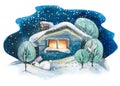 A rustic house in the snow with trees and cute bunnies. Winter landscape. Watercolor illustration. For the design and