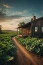 Rustic Wooden Cabin at Sunset with Dirt Road and Lush Green Plants Royalty Free Stock Photo