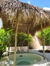 Rustic ice bath setup under a bamboo and thatched grass roof Royalty Free Stock Photo