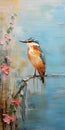 Rustic Impressionism: Kingfisher Perched Near Flowers