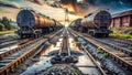 Rustic industrial sunset tanker trains on converging tracks at a transfer point. Generative AI Royalty Free Stock Photo