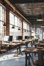 Rustic industrial workspace a modern openplan office interior illuminated by natural light Royalty Free Stock Photo