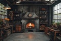 Interior of a rustic blacksmith workshop with a glowing fireplace and vintage tools. Royalty Free Stock Photo