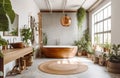 Rustic interior design of modern bathroom with greenery. Created with generative AI