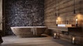 Rustic interior design of modern bathroom with wooden wall and bathtub decorated with solid wood slab Royalty Free Stock Photo