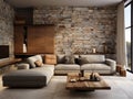 Rustic interior design of modern living room with tiled stone wall and abstract wall decor