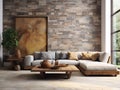 Rustic interior design of modern living room with tiled stone wall and abstract wall decor