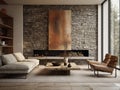 Rustic interior design of modern living room with tiled stone wall and abstract wall decor