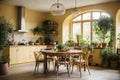 Yellow Rustic interior kitchen with rounded dining table with plants around Royalty Free Stock Photo