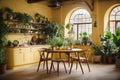 Yellow Rustic interior kitchen with rounded dining table with plants around