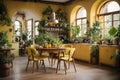 Yellow Rustic interior kitchen with rounded dining table with plants around Royalty Free Stock Photo