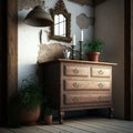 Rustic Interior with Wall Mock up featuring an Antique Commode. Generative AI