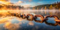 Rustic iron chain reflecting in calm dawn water with misty forest background. Generative AI Royalty Free Stock Photo