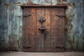 rustic iron door on weathered wooden surface