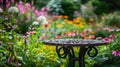 Rustic iron garden table with blooming flowers in garden Royalty Free Stock Photo