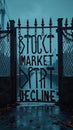 Rustic iron gate with stock market decline sign in moody urban setting Royalty Free Stock Photo