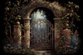 rustic iron gate surrounded by lush greenery and blooming flowers