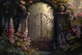 rustic iron gate surrounded by lush greenery and blooming flowers
