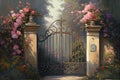 rustic iron gates open to reveal a serene garden, with lush greenery and colorful blooms