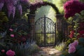 rustic iron gates open to reveal a serene garden, with lush greenery and colorful blooms