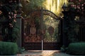 rustic iron mansion gates surrounded by greenery and flowers