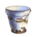 Rustic iron metal bucket. Watercolor painting isolated on white background. Fishing.