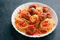 Rustic italian american meatball spaghetti tomato sauce Royalty Free Stock Photo