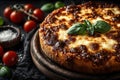 Rustic Italian Deep-Dish Pizza with Fresh Basil and Cherry Tomatoes for Authentic Dining Generative AI Royalty Free Stock Photo