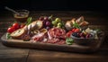 Rustic Italian Delicatessen Plate Meat, Bread, Fruit, and Wine generated by AI
