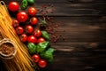 Rustic Italian delight, pasta, tomatoes on rustic background top view