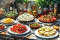 Rustic Italian Feast, A Table Spread with Olives, Cheese, and Bread Royalty Free Stock Photo
