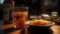 Rustic Italian meal, cooked pasta, fresh tomato, wine glass, crockery generated by AI