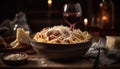 Rustic Italian meal pasta, meat, and wine on wooden table generated by AI