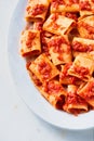 Rustic italian paccheri pasta in tomato sauce