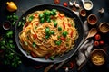 A rustic Italian pasta dish, spaghetti aglio e olio, with garlic, chili flakes, and fresh parsley