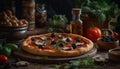 Rustic Italian pizza baked with fresh ingients generated by AI