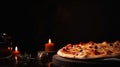 Rustic italian pizza with mozzarella, cheese and olives with black background