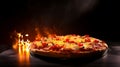 Rustic italian pizza with mozzarella, cheese and olives with black background