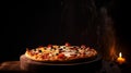 Rustic italian pizza with mozzarella, cheese and olives with black background