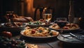 A rustic Italian still life wine, pasta, meat, and bread generated by AI