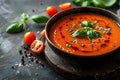 Rustic Italian Tomato Soup with Basil Leaf: Menu Design Inspiration. Concept Food Photography, Royalty Free Stock Photo