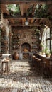 Rustic Italian trattoria with exposed beams terracotta pots