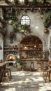 Rustic Italian trattoria with exposed beams terracotta pots