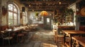 Rustic italian trattoria interior with warm lighting and detailed decor in wide angle photography