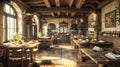 Rustic italian trattoria interior with warm lighting and wooden tables in detailed wide angle view