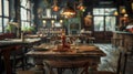 Rustic italian trattoria with warm lighting and wooden tables in hyper realistic wide angle photo