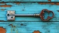 Rustic key on weathered blue wood, success concept Royalty Free Stock Photo
