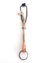 Old lanyard keychain isolated on white background. Front view of brown leather cord, braided rope strap and ring. Rustic keychain